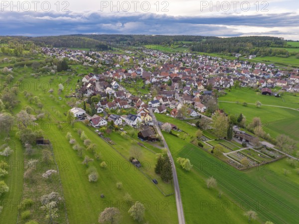 Picturesque view of a traditional village, embedded in extensive nature and gardens, Ostelsheim,