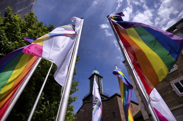 Rainbow flag, LGBTQ flag, Königsstraße. Pedestrian zone, Stuttgart, Baden-Württemberg, Germany