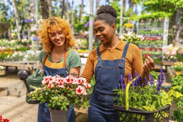 Two young women working together in a vibrant garden center, nurturing colorful flowering plants