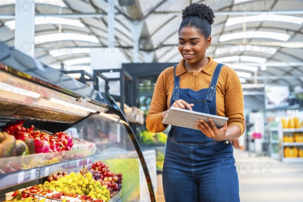 Smiling african supermarket employee using digital tablet checking products freshness and managing