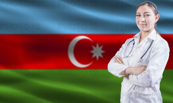 Female doctor on Azerbaijan flag. Doctor with crossed arms on Azerbaijan flag. Azerbaijan health