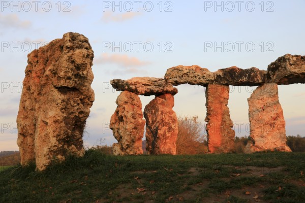 The Franconian Stonehenge in the evening light, permanent art installation made of boulders found