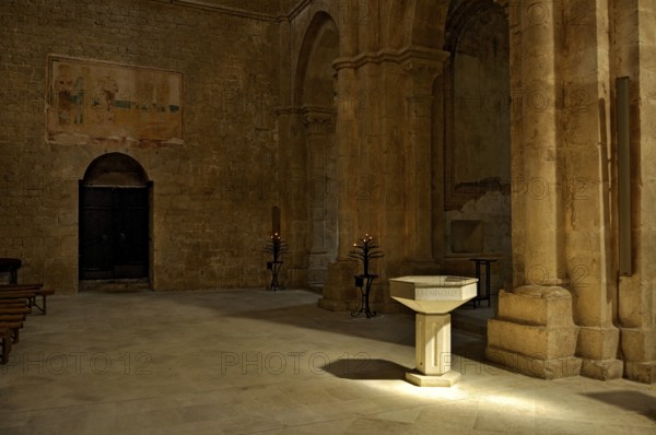 Baptismal font, remains of 14th century frescoes, side chapel, interior, Gothic basilica of the
