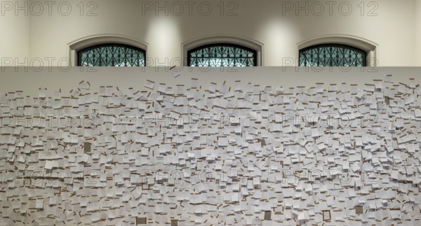 Gropius Bau Berlin, interior view, room with countless post it at the end of an exhibition, Berlin,
