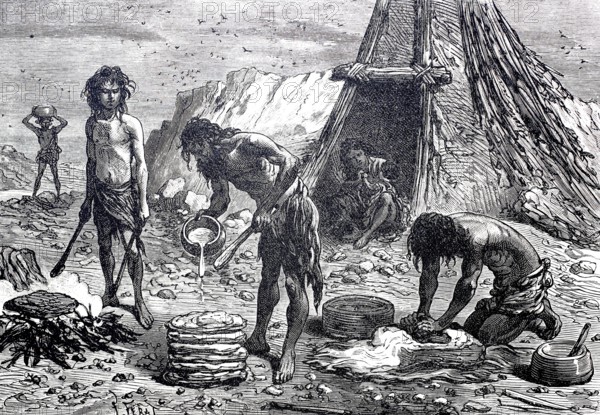 Bakery, bread baking in prehistoric times, digitally enhanced reproduction of a 19th century model,
