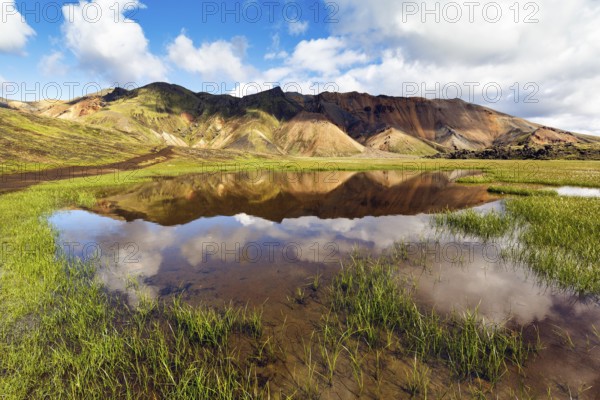 Volcanic landscape, colourful rhyolite mountains, Cumulus, Landmannalaugar, remote hiking area in
