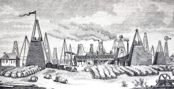 Petroleum wells in Oelheim, Ölheim, oil production, drilling rigs and oil barrels, around 1882,