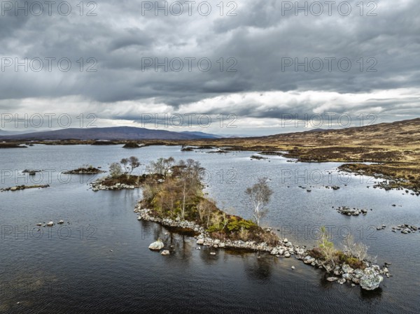 Rannoch Moor from a drone over Loch Ba and Loch of the Armpit, A82 Highland Way, Argyll and Bute,