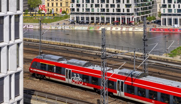 View from the roof of the Futurium Museum onto the Humboldt harbour at Berlin Central Station,