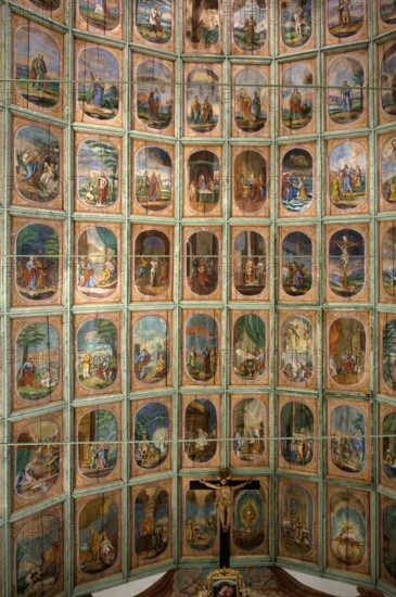 Interior view, church ceiling, wooden ceiling with New Testament scenes, apostles and the secondary