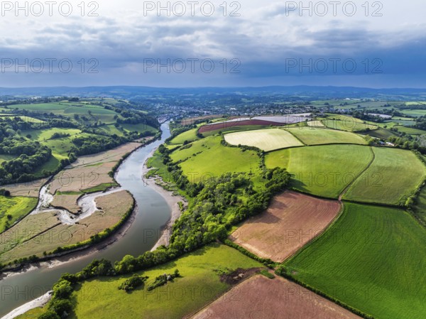 Farms and Fields over River Dart from a drone, Stoke Gabriel, Totnes, Devon, England, United