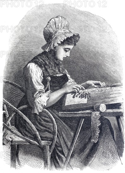 Lace maker, bobbin lace, bobbin lace work, from the canton of Sankt Gallen, around 1880,