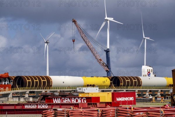 The seaport of Eemshaven, Julianahaven Basin, where the foundation structures, monopiles, for