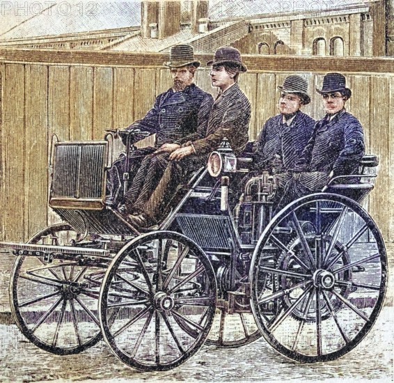 Street car with Daimler engine, coloured wood engraving, reproduction of a model from ca 1888,