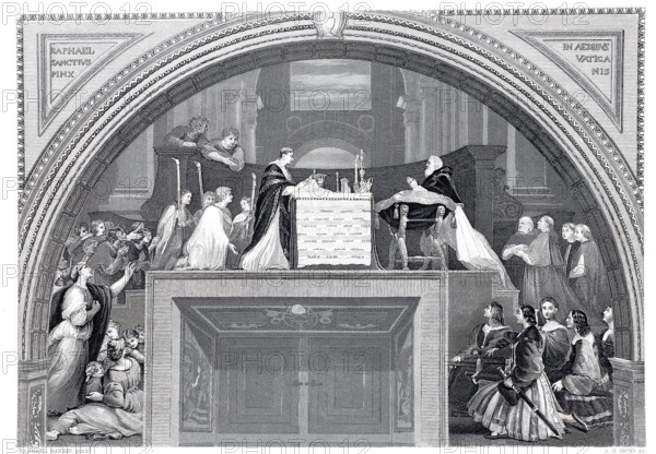The miracle of Bolsena, miracle of blood, after a painting by Raphael, illustration from 1865,