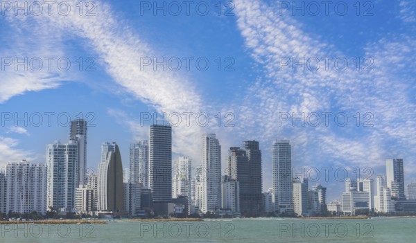 Colombia, scenic Cartagena bay Bocagrande and panorama of financial and business city skyline