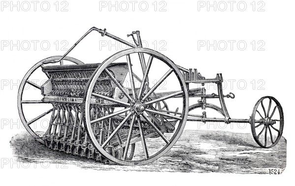 Agriculture, sowing, seed drill system Berolina, sowing machine for e.g. Rüber, around 1850,