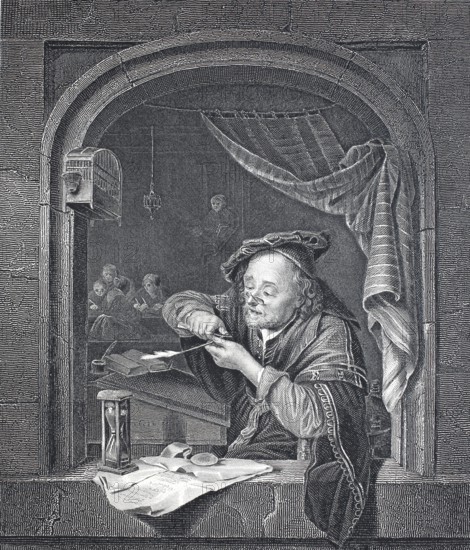 The scribe, scribe, literate scholar sharpening a pen, steel engraving after a painting by Gerard