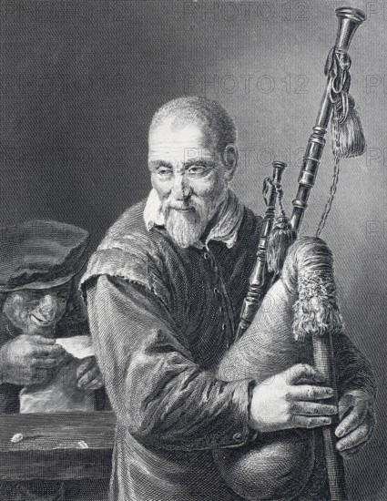 Bagpipe player, bagpiper, steel engraving after a painting by David Teniers, historical, digitally