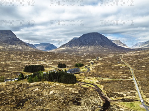 Mountains and Moors over Glen Etive Valley from a drone, Buachaille Etive Mòr, The Buachaille,