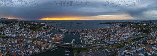 Panorama of Sunset over Saint-Jean-de-Luz from a drone, Nouvelle-Aquitaine, Pyrenees-Atlantiques,
