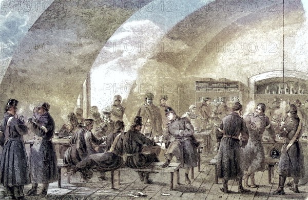 Austrian military tavern in the cellar of Gottorp Castle, coloured woodcut from 1864, soldiers in a
