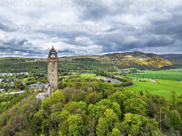 The National Wallace Monument or William Wallance Monument from a drone, Stirling, Scotland,