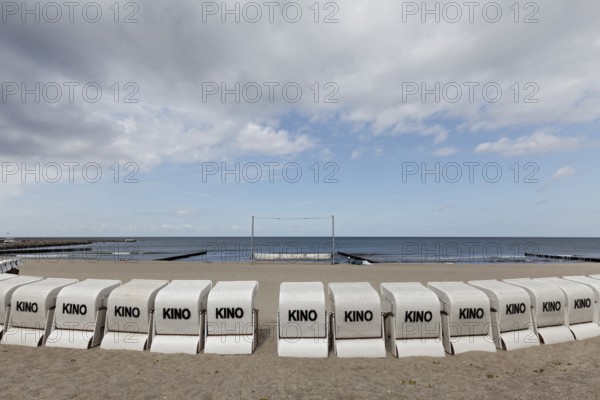 Kühlungsborn beach cinema, lined up beach chairs for cinema-goers, Baltic Sea, Mecklenburg-Western