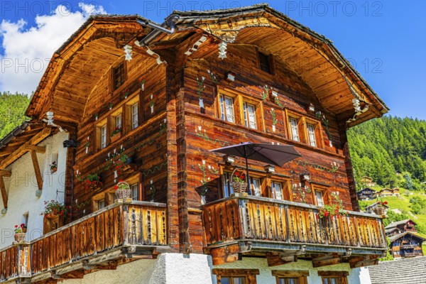 Parsonage, decorated with flowers, historic village centre, Grimentz, Val d'Anniviers, Valais Alps,