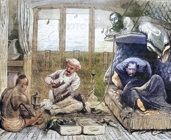 Water pipe, Train travellers in India, coloured wood engraving, Reproduction from a model from ca