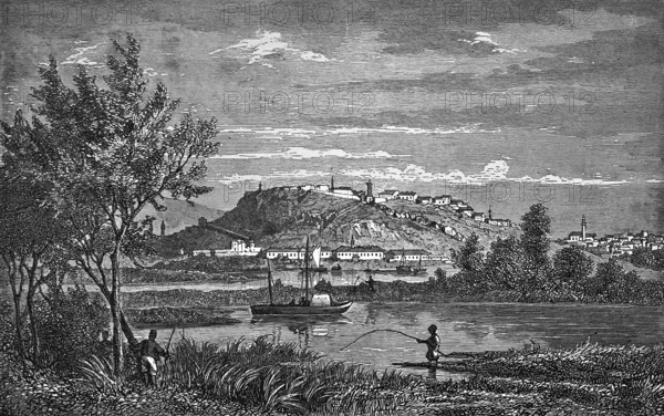 Belgrade at the confluence of the Danube and Sava rivers, capital of Serbia, location on a hill,