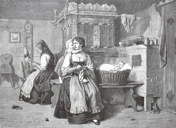 In the kitchen of a farmhouse in Flanders, the woman sit at the tiled stove and spin and sew,