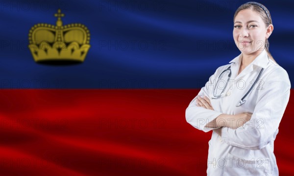 Female doctor on Liechtenstein flag. Doctor with crossed arms on Liechtenstein flag. Liechtenstein