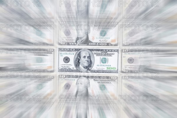 US dollar notes, 10 dollars, 100 dollars, banknotes, zoom effect