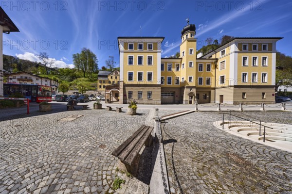 Town hall, historical building, bench, barrier chain, square, cobblestones, stairs, mountain