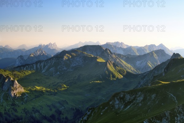 View from Mount Gantrisch, sunset over the Bernese and Fribourg Pre-Alps, Canton of Bern,