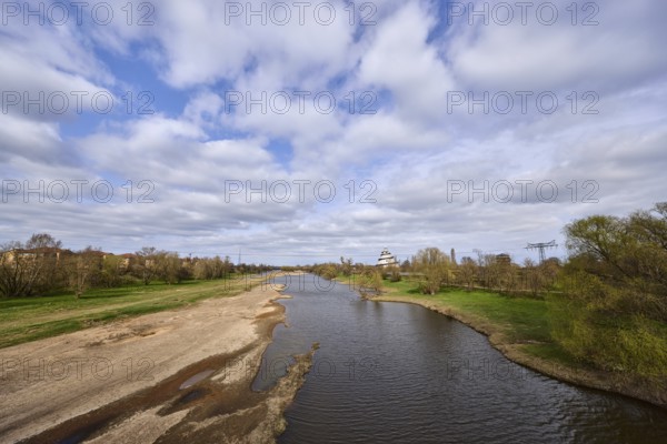 Old Elbe, oxbow, river, riverbank, trees, meadow, blue sky, cumulus clouds, Magdeburg, state
