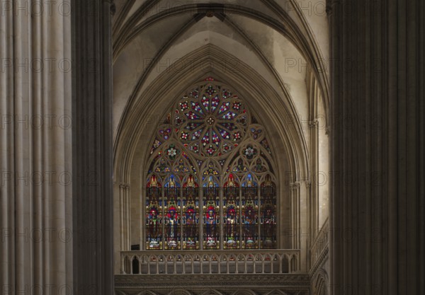 Interior view, stained glass window, coloured church windows, Cathédrale Notre-Dame de Bayeux,