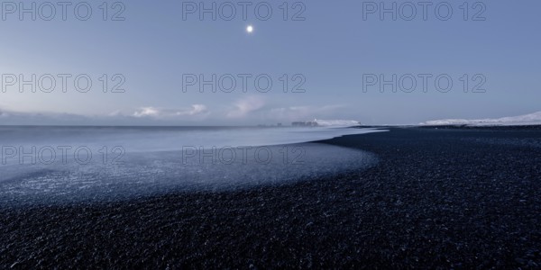 Black Beach, Vik, Full Moon, Ring Road, Sea, Beach, Stones, Waves, Black, Mountains, Frost, Winter,