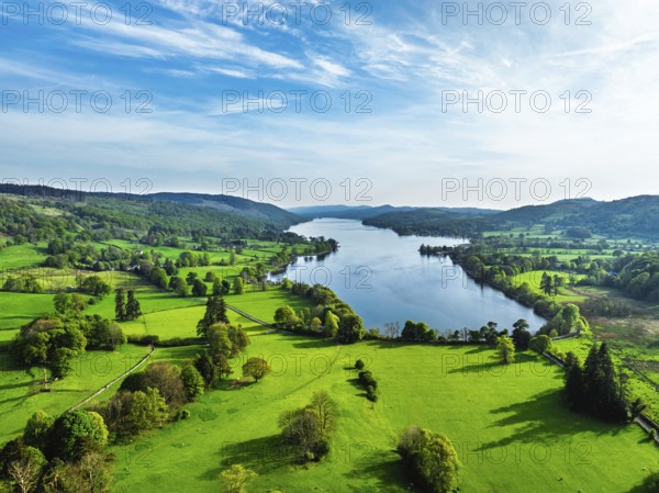Farms over Coniston Water from drone, Lake District National Park, Cumbria, UK