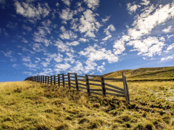 A wooden barrier runs across a grassy area on Sancy mountain, part of the Auvergne Volcanoes