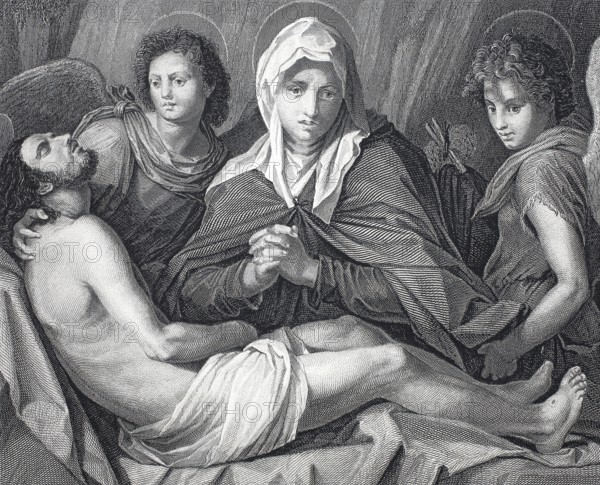 The Entombment of Christ, pictorial type of Western Christian iconography. Steel engraving after a