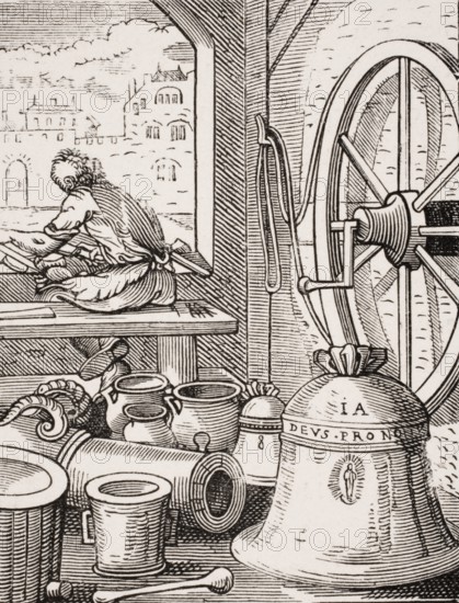 Bell and canon founder. Reproduction of a woodcut from the 16th century by Jost Amman from the 19th
