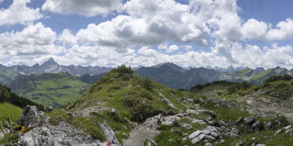Mountain panorama from the Koblat high trail on the Nebelhorn over the Obertal valley with lush