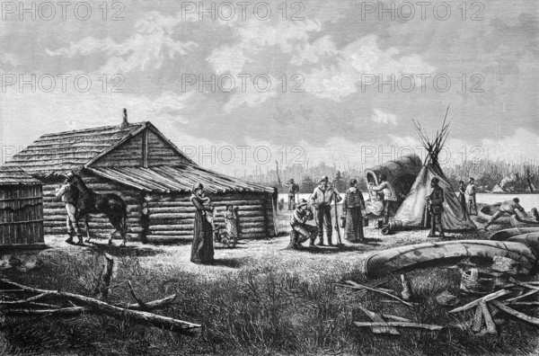 Northwest trading post, settlement, immigrants, wooden house, yurt tent, settlers, men, woman,