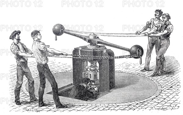 Worker at a mint, coin minting block, moved by human power, 1860, England, digitally enhanced