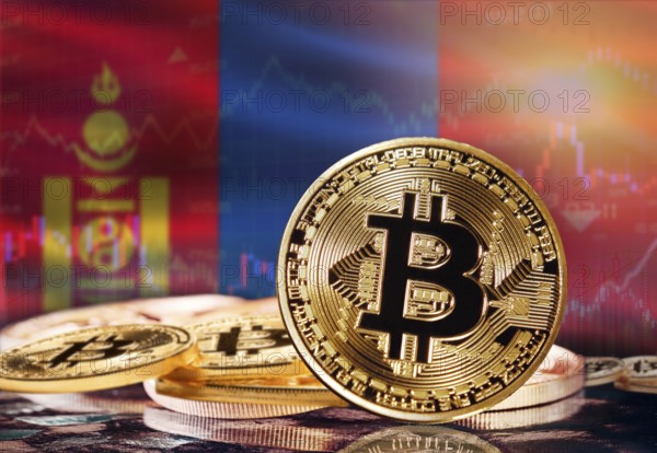 Bitcoin with Mongolia flag in the background. Investors in cryptocurrency and Blockchain Technology