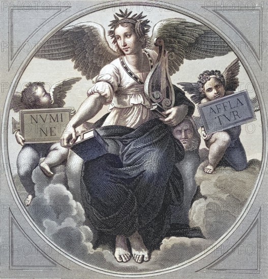 Symbolism of poetry, An angel sitting on clouds, holding a harp and a book, accompanied by two