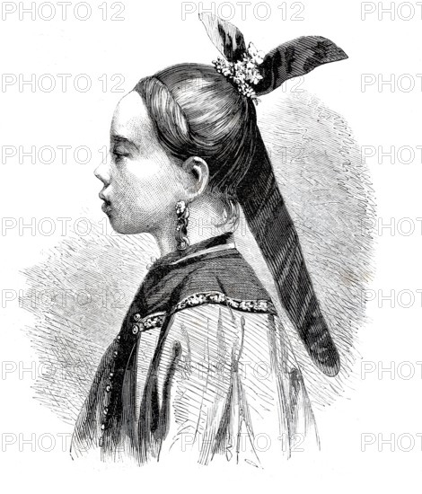 Young woman from China in elegant traditional costume, Chinese woman, around 1875, digitally