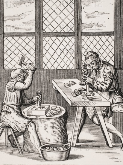 Dice maker. Reproduction of a woodcut from the 16th century by Jost Amman from the 19th century,